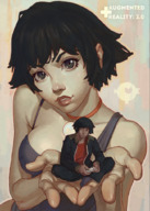 breasts drawing giantess black_hair large_breasts handheld sitting black_eyes medium_length_hair top no_background controller kuvshinov-ilya