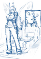 drawing giantess blushing monochrome long_hair huge_breasts surprised kissing fangs looking_down outdoors homestuck vriska_serket john_egbert arms_folded audiophilekitsune
