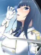 drawing giantess mega black_hair large_breasts long_hair tongue blue_eyes saliva gloves airplane dripping between_fingers imminent_vore looking_at_airplane senran_kagura ikaruga_(senran_kagura) rakia