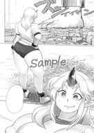 drawing giantess city mega monochrome long_hair destruction barefoot fang smiling looking_down outdoors sample_image horn pointed_ears bloomers manacles