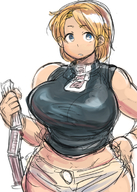 giantess blonde color large_breasts blue_eyes clothed handheld train hand shorts sketch top
