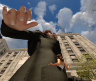 long_hair clothed handheld brunette low_angle multiple_sizes red_hair shrunken_woman outdoors bracelet in_pocket digital_render