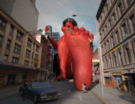 giantess horns city black_hair barefoot soles short_hair sitting demoness outdoors nail_polish hanging_on running_away red_skin black_nails digital_render