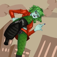 drawing giantess panties upskirt clothed green_hair boots blue_skin fishnets looking_down raised_foot imminent_crush danny_phantom flipping_off