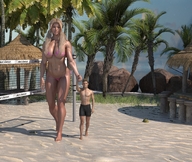 bikini gentle blonde long_hair beach barefoot cleavage navel muscles amazon walking palm_tree resort holding_hands tropical digital_render imdoraemon volleyball_court