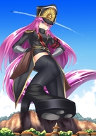 large_breasts long_hair skirt pink_hair boots looking_down jets hat raised_foot hands_on_hips impending_doom