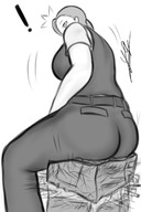 drawing giantess monochrome destruction buildings butt_crush sitting surprised looking_down no_background yamumil