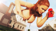 breasts nipples giantess nude long_hair handheld angry red_hair bending_over houses manicure digital_render onlooker lamborghini gtsx3d