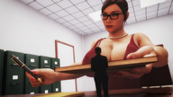 gentle clothed cleavage glasses brunette shrunken_man pen suit standing desk manicure book digital_render pearl_necklace gtsxr3d file_cabinets