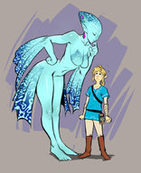 drawing blushing color ruto mini_giantess amazon looking_down zora leaning_forward looking_at_tiny the_legend_of_zelda link_(the_legend_of_zelda)