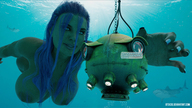 breasts nipples giantess long_hair blue_hair underwater submarine reaching swimming sharks digital_render gtsx3d