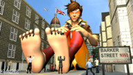 giantess city barefoot glasses brunette short_hair foot_worship looking_down between_toes outdoors crowds digital_render overwatch tracer_(overwatch)