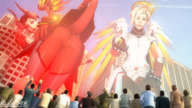 giantess horns wings city blonde black_hair long_hair bending_over giantesses looking_up outdoors looking_back crowds digital_render mercy_(overwatch)