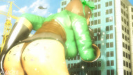 giantess city butt helicopter huge_breasts brunette short_hair bending_over outdoors bow hair_bow looking_in stuck_to_butt digital_render