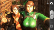 giantess glasses huge_breasts brunette smiling posing short_hair camera headphones giantesses outdoors jacket bow hair_bow crowds scarf digital_render selfie