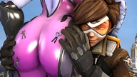 giantess butt brunette gloves short_hair blue_skin lesbians giantesses outdoors stuck_to_butt overwatch widowmaker skintight_clothing tracer_(overwatch)