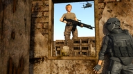 giantess destruction helicopter red_hair war town hiding ruins soldiers digital_render machine_gun 3d-giantess-studios