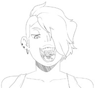 drawing giantess vore monochrome tongue mouth saliva smiling uvula fangs looking_down open_mouth dripping earrings top imminent_vore no_background looking_at_tiny emmacat64