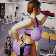 large_breasts butt mini_giantess hand amazon shorts workout drinking looking_up braid gym digital_render gtsx3d