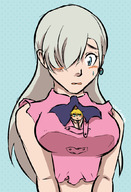 drawing white_hair blushing long_hair cleavage sweat embarrassed looking_down earrings no_background seven_deadly_sins between_breasts