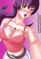breasts pokemon cleavage purple_hair red_eyes belly shrunken_man kasumikills between_breasts sabrina_(pokemon)