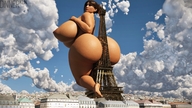 giantess city huge_breasts clouds outdoors looking_back big_butt eiffel_tower digital_render dinner-kun