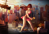breasts drawing giantess city mega color long_hair destruction clothed rampage cleavage water buildings helicopter giganta red_hair ponytail dress explosion earrings belt dc_comics bare_legs leirixart