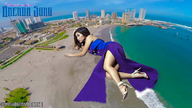 collage beach ocean high_heels buildings asian dress legs sand aerial_view purple_dress giantessbuster209 brenda_song
