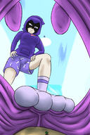 breasts drawing micro feet color socks raven teen_titans beast_boy shorts shrunken_man point_of_view hands_on_hips hood dc_comics bare_legs giantwaifus