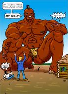 drawing color giant male handheld toes barefoot foot_crush muscles reaching ankles cock_bulge dialogue imminent_vore