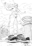 drawing giantess feet monochrome long_hair toes shrunken pants sucks
