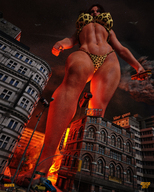 bikini giantess city mega destruction handheld barefoot cleavage buildings giganta red_hair navel muscles fire bus night point_of_view leopard_print digital_render dc_comics gtsx3d