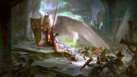 giantess wings angel blonde color long_hair armor clothed sword cleavage scared men temple warriors spears shields wounded hgjart