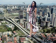 giantess city black_hair long_hair helicopter smiling dress walking outdoors mayara_motti