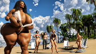 bikini black_hair long_hair beach huge_breasts mini_giantess bbw walking dark_skin outdoors palm_tree thick_thighs skimpy_clothing digital_render dinner-kun