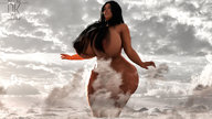 giantess nude mega black_hair long_hair huge_breasts clouds outdoors big_butt thick_thighs digital_render convenient_censorship dinner-kun