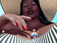 bikini giantess blonde black_hair huge_breasts hand looking_down hat voluptuous brothervirgil digital_render between_breasts