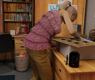 blonde ponytail shrunken_man indoors desk runswithferrets digital_render handicraft