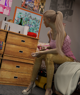 gentle blonde long_hair clothed high_heels bed ponytail sitting shrunken_man runswithferrets dresser digital_render dorm_room