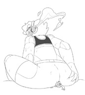 drawing blushing monochrome butt robot butt_crush sweat sitting shrunken_man lucy steam emmacat64