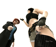 black_hair long_hair clothed gloves red_hair short_hair shorts looking_down thigh_highs pointing no_background digital_render