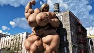 growth giantess nude city blonde huge_breasts muscles digital_render dinner-kun hypertrophy