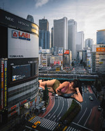 giantess collage city asian lying_down legs skyscraper streets vehicles rooftop_view airraid