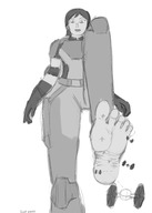 drawing giantess mega monochrome armor destruction clothed barefoot gloves asian star_wars walking belt stuck_to_foot foot_raised no_background tie_fighters giantwaifus star_wars_rebels mandalorian sabine_wren