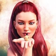 gentle giantess long_hair blue_eyes handheld red_hair sitting digital_render narkoman22