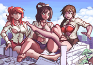 drawing giantess color large_breasts long_hair destruction barefoot green_eyes red_eyes brunette underwear red_hair sitting looking_down giantesses outdoors earrings ripped_clothing