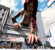 giantess finger buildings hand streets sky tattoo manicure point_of_view street_view purple_nails looking_at_tiny digital_render madamemaeve innocent-owl