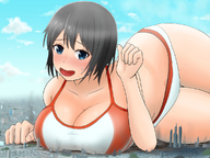 drawing giantess blushing mega black_hair color destruction blue_eyes cleavage huge_breasts embarrassed lying_down short_hair thick_thighs orenji