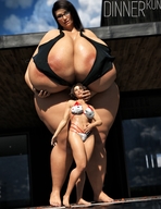 bikini black_hair long_hair glasses huge_breasts brunette short_hair mini_giantess looking_up outdoors thick_thighs digital_render dinner-kun