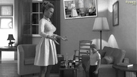 gentle blonde monochrome clothed dress looking_down standing living_room spawngts incredible_shrinking_man digital_render